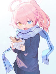 Rule 34 | 1girl, :d, ahoge, alternate costume, alternate hairstyle, blue archive, blue eyes, blue scarf, blue skirt, blue sweater, commentary request, cowboy shot, double-parted bangs, food, hair between eyes, heterochromia, highres, holding, holding food, hoshino (blue archive), long sleeves, looking at viewer, medium hair, open mouth, pink hair, pleated skirt, ponytail, puffy long sleeves, puffy sleeves, scarf, signalviolet, skirt, smile, solo, sweater, taiyaki, wagashi, yellow eyes