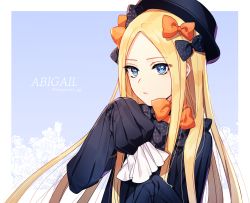 Rule 34 | 1girl, abigail williams (fate), black bow, black hat, blonde hair, blue background, blue eyes, bow, character name, closed mouth, ede, fate/grand order, fate (series), hair bow, hat, highres, long hair, multiple hair bows, orange bow, parted bangs, polka dot, polka dot bow, sleeves past fingers, sleeves past wrists, solo, straight hair, twitter username, upper body, very long hair