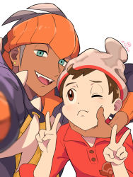 Rule 34 | 2boys, bad id, bad pixiv id, beanie, black hoodie, blurry, brown eyes, brown hair, buttons, cable knit, cheek squash, closed mouth, commentary request, creatures (company), dark-skinned male, dark skin, double v, earrings, game freak, green eyes, grey headwear, gym leader, half-closed eyes, hat, hood, hoodie, hungry seishin, jewelry, looking at viewer, male focus, multiple boys, nintendo, one eye closed, open mouth, orange headwear, pokemon, pokemon swsh, raihan (pokemon), red shirt, shirt, smile, swept bangs, teeth, tongue, v, victor (pokemon), white background