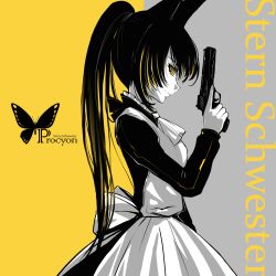 Rule 34 | 1girl, animal ears, black hair, from side, grey background, gun, highres, holding, holding gun, holding weapon, long hair, looking at viewer, maid, original, ponytail, sanamisa, smile, solo, two-tone background, upper body, weapon, yellow background, yellow eyes
