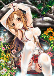Rule 34 | 10s, 1girl, armpits, arms up, asuna (sao), bad id, bad pixiv id, belt, blush, breasts, brown eyes, brown hair, bug, butterfly, detached sleeves, flower, insect, large breasts, log, long hair, long legs, looking at viewer, panties, pantyshot, see-through, sitting, skirt, smile, solo, sword art online, thighhighs, uk-works, underwear, upskirt, water, wet, wet clothes, white panties, white thighhighs