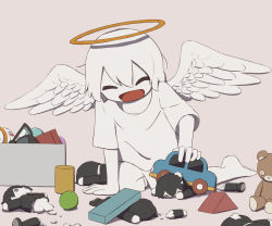 Rule 34 | 1boy, :d, absurdres, angel, angel wings, avogado6, broken, colored skin, commentary request, feathered wings, grey background, highres, open mouth, original, playing, simple background, smile, solo, spread wings, toy, toy car, white hair, white skin, white wings, wings