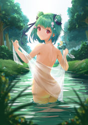 Rule 34 | 1girl, absurdres, ass, back, bathing, blush, bouquet, closed mouth, commentary request, flat chest, flower, forest, grass, green hair, hair flower, hair ornament, hair ribbon, highres, holding, holding bouquet, holding towel, hololive, nature, nose, nude, outstretched arms, partially submerged, red eyes, ribbon, short hair, skull hair ornament, smile, solo, towel, towel around waist, tree, uruha rushia, virtual youtuber, wet, zhongchun ci