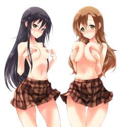 Rule 34 | &gt;:&lt;, 2girls, :&lt;, amakusa shino, angry, black hair, blush, breasts squeezed together, breasts, brown eyes, brown hair, brown skirt, character request, closed mouth, collarbone, covering privates, covering breasts, covering nipples, cowboy shot, fuyube rion, hair between eyes, highres, large breasts, long hair, looking at viewer, md5 mismatch, midriff, multiple girls, navel, nose blush, plaid, plaid skirt, seitokai yakuindomo, shichijou aria, simple background, skirt, smile, standing, stomach, tareme, thigh gap, topless, tsurime, v-shaped eyebrows, very long hair, white background