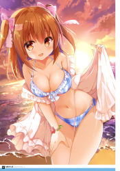 Rule 34 | 1girl, :d, absurdres, bikini, bow, bracelet, breasts, brown eyes, brown hair, cat hair ornament, cleavage, collarbone, cowboy shot, dusk, hair between eyes, hair bow, hair ornament, hand on lap, highres, holding, jewelry, kujou danbo, leaning forward, long hair, looking at viewer, medium breasts, navel, open mouth, original, outdoors, page number, pink bow, side-tie bikini bottom, smile, solo, standing, swimsuit, twintails