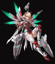 Rule 34 | 1girl, armor, armored boots, black background, blonde hair, boots, breasts, character request, covered navel, destiny child, drill hair, full body, glowing, hair between eyes, headgear, long hair, looking at viewer, mecha musume, mechanical wings, medium breasts, nasaca, official art, pelvic curtain, purple eyes, simple background, solo, thigh boots, wings
