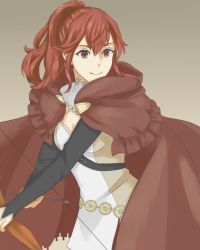 Rule 34 | 1girl, anna (fire emblem), arrow (projectile), bow (weapon), cloak, fire emblem, fire emblem awakening, fire emblem fates, hakirino, highres, holding, holding weapon, looking at viewer, nintendo, ponytail, red eyes, red hair, simple background, smile, solo, solo focus, weapon
