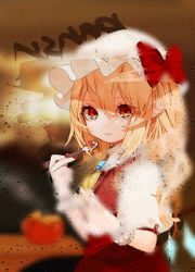 Rule 34 | 1girl, ascot, bad id, bad pixiv id, blonde hair, blurry, bow, brooch, closed mouth, commentary request, condensation, dew drop, flandre scarlet, frown, glass writing, gotou (nekocat), hair between eyes, hat, hat bow, highres, holding, holding spoon, indoors, jewelry, looking at viewer, mob cap, nail polish, pointy ears, puffy short sleeves, puffy sleeves, red bow, red eyes, red nails, red skirt, red vest, short hair, short hair with long locks, short sleeves, side ponytail, skirt, solo, spoon, table, tears, touhou, upper body, vest, water drop, window, wings, wrist cuffs, yellow ascot