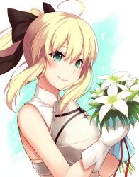 Rule 34 | 1girl, ahoge, armor, artoria pendragon (all), artoria pendragon (fate), black bow, blonde hair, bouquet, bow, breastplate, fate/unlimited codes, fate (series), flower, gloves, green eyes, hair between eyes, hair bow, high ponytail, holding, holding bouquet, long hair, oyaji-sou, red ribbon, ribbon, saber lily, sidelocks, smile, solo, upper body, white background, white flower, white gloves