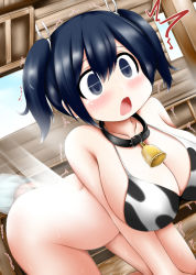 Rule 34 | 1girl, ^^^, all fours, anal, anal fisting, animal print, bare shoulders, bell, bikini, bikini top only, blue eyes, blue hair, blush stickers, bottomless, breasts, collar, commentary, cow print, empty eyes, fisting, hair tie, huge breasts, kantai collection, light beam, light censor, neck bell, on floor, ouno (nounai disintegration), short twintails, souryuu (kancolle), swimsuit, twintails