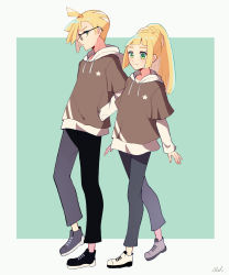 Rule 34 | 1boy, 1girl, ahoge, alternate costume, bespectacled, black footwear, blonde hair, blush, border, brother and sister, closed mouth, creatures (company), eyelashes, game freak, gladion (pokemon), glasses, green background, green eyes, grey pants, hand in pocket, highres, hood, hoodie, lillie (pokemon), long hair, nintendo, outside border, pants, pokemon, pokemon sm, ponytail, shoes, short hair, siblings, signature, smile, tere asahi, white border, white footwear