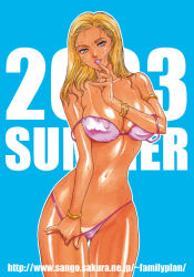 Rule 34 | 1girl, 2003, bikini, blonde hair, blue eyes, breasts, earrings, fujii akiko, jewelry, large breasts, long hair, original, solo, swimsuit, tan, tanline