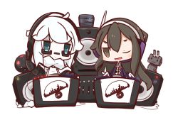 Rule 34 | 10s, 2girls, :3, ;d, puff of air, absurdly long hair, abyssal ship, ashigara (kancolle), black eyes, black hair, blue eyes, braid, cable, chibi, colored skin, commentary request, dj, dress, enemy aircraft (kancolle), gauntlets, glasses, gloves, hairband, headphones, kantai collection, long hair, looking at viewer, machinery, military, military vehicle, multiple girls, nuu (nu-nyu), one eye closed, open mouth, rensouhou-chan, ship, single braid, smile, speaker, supply depot princess, turret, very long hair, warship, watercraft, white dress, white gloves, white hair, white skin