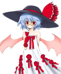 Rule 34 | 1girl, alternate costume, arm behind back, ascot, bare shoulders, bat wings, bespectacled, blue hair, bow, cup, dress, drink, drinking glass, female focus, flower, glass, glasses, gloves, hat, hat ribbon, marugoshi (54burger), red eyes, red flower, red gloves, red rose, remilia scarlet, ribbon, rose, short hair, slit pupils, solo, sun hat, sundress, sunglasses, touhou, wine glass, wings