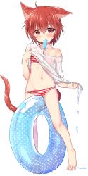 Rule 34 | 1girl, animal ears, between legs, bikini, cat ears, character request, collarbone, copyright request, food, food in mouth, full body, hair between eyes, innertube, looking at viewer, lowleg, lowleg bikini, popsicle, red bikini, red eyes, red hair, see-through, shirt, short hair, solo, source request, striped bikini, striped clothes, swim ring, swimsuit, t-shirt, third-party source, transparent background, water, wet, wet clothes, white bikini