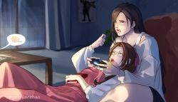 Rule 34 | 1boy, 2girls, aerith gainsborough, alternate universe, angerykacchan, black hair, brown hair, cameo, cloud strife, feeding, final fantasy, final fantasy vii, final fantasy vii remake, food, highres, lap pillow, living room, multiple girls, out of frame, playing games, playstation controller, pocky, speech bubble, square enix, tifa lockhart, twitter username, yuri