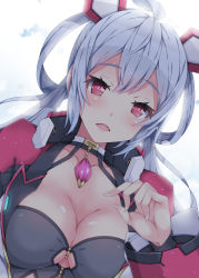 Rule 34 | 1girl, ahoge, breasts, cleavage, clothing cutout, collarbone, gem, hair between eyes, hair ornament, large breasts, long hair, looking at viewer, matoi (pso2), milkpanda, open mouth, phantasy star, phantasy star online 2, red eyes, shiny skin, silver hair, simple background, solo, underboob cutout, upper body, white background