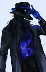 Rule 34 | 1boy, adjusting clothes, adjusting headwear, ascot, black ascot, black coat, black hat, blue gloves, blue shirt, coat, cowboy shot, dated, dog boy, ears down, furry, furry male, gloves, hand on headwear, hand up, hat, highres, long sleeves, looking at viewer, male focus, nightcrow, original, profile, shirt, signature, simple background, solo, white background, wolf boy