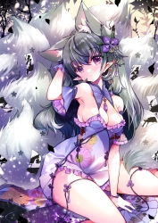 Rule 34 | 07touka25, 1girl, animal ears, arm support, armpits, bare shoulders, black hair, breasts, chinese clothes, cleavage, closed mouth, collar, detached sleeves, dress, female focus, flower print, fluffy, fox ears, fox girl, fox tail, frilled dress, frills, hair between eyes, hair ornament, hand on own head, highres, long hair, looking at viewer, medium breasts, multiple tails, outdoors, pointy ears, purple dress, purple eyes, ribbon, sideboob, sitting, solo, tail, wariza, wide hips, wristband