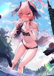 1girl absurdres bare_shoulders bikini blue_archive blue_sky blush breasts double-parted_bangs feathered_wings flapping floral_print_bikini front-tie_bikini_top front-tie_top gluteal_fold halo halterneck head_wings highres koharu_(blue_archive) koharu_(swimsuit)_(blue_archive) low_twintails low_wings navel nose_blush outdoors parted_lips partially_submerged pencamp pink_eyes pink_hair pink_halo sea_cucumber sky small_breasts snail solo swimsuit tearing_up tree twintails wing_flapping wings