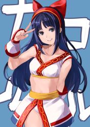 Rule 34 | 1girl, ainu clothes, arm behind back, blue hair, breasts, fingerless gloves, gloves, grey eyes, hair ribbon, heart, highres, legs, long hair, looking at viewer, medium breasts, midriff, nakoruru, panties, parted lips, pink lips, ribbon, samurai spirits, smile, snk, solo, the king of fighters, thighs, translation request, underwear, v