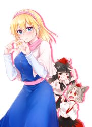 Rule 34 | 3girls, alice margatroid, animal ear fluff, animal ears, arm up, bad id, bad nicoseiga id, bare shoulders, belt, black belt, black hair, black skirt, blonde hair, blue dress, blue eyes, blunt bangs, blush, breasts, capelet, cleavage, cleavage cutout, clenched hands, clothing cutout, commentary request, cowboy shot, crop top, detached sleeves, dress, facial mark, fang, forehead mark, frilled hairband, frills, grey hair, grin, hair between eyes, hairband, hands up, hat, heart, heart hands, highres, inubashiri momiji, large breasts, lolita hairband, long hair, long sleeves, looking at viewer, mayomayoai, midriff, miniskirt, multiple girls, navel, open mouth, pink hairband, pink sash, pink scarf, pom pom (clothes), puffy short sleeves, puffy sleeves, red eyes, salute, sash, scarf, shameimaru aya, shirt, short sleeves, silhouette, simple background, skin fang, skirt, smile, standing, sweat, tokin hat, touhou, white background, white capelet, white shirt, wide sleeves, wolf ears