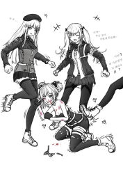 Rule 34 | blood, blood from mouth, blood on face, blood splatter, bone (artist), boots, bruise, bullying, crying, crying with eyes open, double bun, girls&#039; frontline, hair ornament, hk416 (girls&#039; frontline), injury, kicking, korean text, long hair, monochrome, neckerchief, p90 (girls&#039; frontline), pantyhose, pleated skirt, scar, scar across eye, scar on face, shirt, skirt, straight hair, t-shirt, tears, thighhighs, torn clothes, torn legwear, twintails, ump9 (girls&#039; frontline)