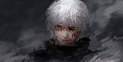 Rule 34 | 1boy, black sclera, blood, blood on face, closed mouth, colored sclera, diaodiao, dust, dust cloud, green eyes, heterochromia, highres, kaneki ken, looking at viewer, male focus, painterly, portrait, red eyes, solo, tokyo ghoul, torn, torn clothes, upper body, white hair