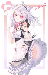Rule 34 | 1girl, android, animal ears, apron, barcode, barcode tattoo, black hairband, blush, bow, braid, breasts, cable, cable tail, choker, daimi 94, dress, earrings, electric plug, frills, grey eyes, hairband, hand up, heterochromia, highres, indie virtual youtuber, jewelry, lolo (vtuber), long hair, looking at viewer, maid, mechanical tail, multicolored hair, pink hair, small breasts, solo, tail, tattoo, thighhighs, two-tone hair, virtual youtuber, white apron, white thighhighs
