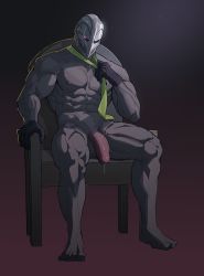 Rule 34 | abs, black gloves, chair, clothes, clothes grab, colored skin, erection, gloves, gradient background, helmet, highres, league of legends, light rays, looking at viewer, male focus, muscular, muscular arms, muscular male, nipples, nude, pectorals, pectorals, penis, precum, precum string, purple eyes, purple skin, riot games, sedo (usingincognito), shadow, simple background, sitting, solo, solo focus, tie grab, veins, veiny penis, video game, zed (league of legends)