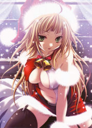 Rule 34 | 1girl, :p, absurdres, ahoge, bag, bare shoulders, bell, breasts, brown hair, christmas, cleavage, covered erect nipples, green eyes, hat, highres, large breasts, miyama-zero, naughty face, navel, no bra, sack, santa costume, santa hat, smile, snow, solo, thighhighs, tongue, tongue out