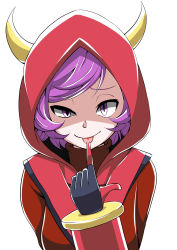 Rule 34 | 1girl, :p, courtney (pokemon), courtney (pokemon oras), crazy eyes, creatures (company), fake horns, finger to tongue, game freak, gloves, half-closed eyes, highres, hood, horned headwear, horns, looking at viewer, nintendo, pokemon, pokemon oras, purple eyes, purple hair, ribbed sweater, short hair, simple background, smile, solo, sweater, swept bangs, team magma, tongue, tongue out, turtleneck, turtleneck sweater, upper body, vambraces, white background
