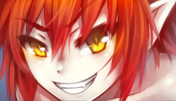 Rule 34 | 1girl, close-up, fae (ricegnat), fangs, grin, long hair, original, pointy ears, red hair, ricegnat, slit pupils, smile, solo, yellow eyes