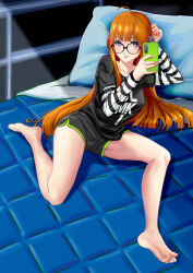 Rule 34 | 1girl, ahoge, alternate breast size, arm support, bad anatomy, barefoot, bed, cellphone, feet, female focus, glasses, headphones, holding, holding phone, legs, long hair, long sleeves, looking at viewer, lying, neck, no shoes, no socks, on bed, orange hair, persona, persona 5, phone, pillow, purple eyes, red hair, sakura futaba, shirt, shorts, smartphone, smile, soles, solo, striped clothes, striped shirt, thighs, toes, white shirt