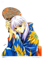 Rule 34 | 1990s (style), 1999, 1girl, absurdres, female focus, floral print, hand fan, head tilt, heterochromia, highres, horibe hiderou, interlocked fingers, japanese clothes, kimono, own hands clasped, own hands together, paper fan, purple hair, retro artstyle, scan, simple background, smile, solo, uchiwa, yours (art book)