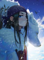 Rule 34 | 1girl, absurdres, asirpa, bandana, blue sky, day, earrings, edpan, from side, golden kamuy, green eyes, highres, hoop earrings, jewelry, looking at viewer, outdoors, parted lips, sky, solo, wolf