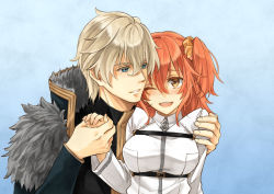 Rule 34 | 1boy, 1girl, ;d, blue eyes, blush, couple, fate/grand order, fate (series), fujimaru ritsuka (female), gawain (fate), hair between eyes, hair ornament, hair scrunchie, holding hands, hg, jacket, long hair, looking at viewer, nishinishihigas, one eye closed, open mouth, orange hair, parted lips, scrunchie, side ponytail, silver hair, smile, upper body, white jacket, yellow eyes