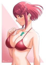 Rule 34 | 1girl, absurdres, bikini, breasts, chest jewel, cleavage, clothes pull, earrings, gem, highres, jewelry, large breasts, one-piece swimsuit pull, pyra (xenoblade), red eyes, red hair, ryochan96154, short hair, solo, swept bangs, swimsuit, xenoblade chronicles (series), xenoblade chronicles 2