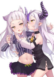 Rule 34 | 2girls, animal ear fluff, animal ears, bare shoulders, black dress, black skirt, blush, cat ears, cowboy shot, demon horns, detached sleeves, dress, extra ears, frilled skirt, frills, hair between eyes, hand on another&#039;s cheek, hand on another&#039;s face, highres, hololive, horns, la+ darknesss, long hair, long sleeves, looking at another, midriff, mitsuru (pixiv 34028718), multiple girls, murasaki shion, murasaki shion (1st costume), navel, open mouth, parted lips, purple hair, shirt, silver hair, simple background, skirt, striped clothes, striped shirt, sweat, vertical-striped clothes, vertical-striped shirt, very long hair, virtual youtuber, white background, yellow eyes, yuri