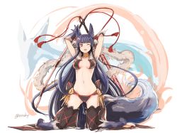 Rule 34 | 10s, 1girl, ;d, animal ears, armpits, arms behind head, arms up, bell, breasts, erune, fang, fox ears, fox tail, gloves, granblue fantasy, hair bell, hair ornament, kneeling, long hair, midriff, navel, nosuku, one eye closed, open mouth, purple hair, red eyes, smile, solo, stomach, tail, thighhighs, twitter username, very long hair, wavy mouth, yuel (granblue fantasy)
