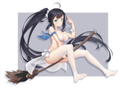 Rule 34 | 1girl, absurdres, black hair, breasts, broom, broom riding, green eyes, highres, k.t.cube, large breasts, long hair, nipples, no shoes, original, ponytail, see-through, soles, stopwatch, thighhighs, underwear, watch, white thighhighs, witch