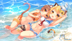 Rule 34 | 2girls, :d, :p, animal ears, annin miru, annin miru channel, arm up, armpits, bikini, bikini skirt, blonde hair, breasts, bridal garter, brown hair, cat ears, cat tail, caustics, character request, closed mouth, fang, flower, groin, hair flower, hair ornament, hand on another&#039;s shoulder, index finger raised, leg belt, long hair, looking at viewer, maka neko, medium breasts, multicolored hair, multiple girls, navel, necktie, open mouth, orange eyes, ponytail, sailor bikini, sailor collar, short hair, smile, stomach, sunflower, swimsuit, tail, thighs, tongue, tongue out, two-tone hair, virtual youtuber, water