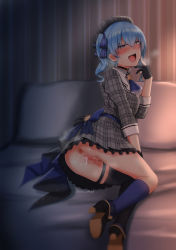 Rule 34 | 1girl, after vaginal, aftersex, anal, ass, asymmetrical legwear, bad id, bad pixiv id, bed, belt, beret, black choker, black footwear, black gloves, black thighhighs, blue belt, blue bow, blue eyes, blue hair, blue neckwear, blue socks, blush, bow, breasts, breath, censored, choker, cum, cum in pussy, dress, gloves, grey dress, grey hat, hair between eyes, hair ornament, hand on own cheek, hand on own face, hat, highres, hololive, hoshimachi suisei, hoshimachi suisei (1st costume), looking back, medium hair, mismatched legwear, mosaic censoring, no panties, on bed, open mouth, pillow, plaid, plaid dress, plaid headwear, pussy, sekino takehiro, side ponytail, single thighhigh, skirt, smile, socks, solo, star (symbol), striped, striped bow, sweat, teeth, thigh strap, thighhighs, torogao, upper teeth only, virtual youtuber