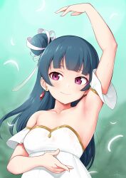 Rule 34 | 1girl, aqua background, arm up, armpits, artist name, bare shoulders, black hair, blunt bangs, blurry, blurry background, blush, breasts, closed mouth, collarbone, commentary, detached sleeves, dress, earrings, falling petals, fingernails, genjitsu no yohane, glint, gradient background, hair bun, hair ribbon, hand up, highres, jewelry, long hair, looking at viewer, love live!, love live! sunshine!!, medium breasts, petals, purple eyes, ribbon, see-through, short sleeves, signature, single side bun, smile, solo, strapless, strapless dress, sweat, tsushima yoshiko, unsfrau, upper body, wet, wet clothes, wet dress, white dress, white ribbon, yohane (genjitsu no yohane)