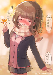 Rule 34 | 1girl, ame usako, autumn leaves, black jacket, blazer, blurry, blurry background, blush, bow, braid, brown hair, cardigan, closed eyes, depth of field, facing viewer, flying sweatdrops, fringe trim, grey skirt, hair bow, hand up, holding, holding leaf, jacket, leaf, long sleeves, maple leaf, nose blush, open clothes, open jacket, original, pink cardigan, plaid, plaid scarf, pleated skirt, red bow, scarf, shirt, skirt, sleeves past wrists, solo, sweat, tears, translation request, twitter username, white shirt