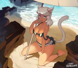 Rule 34 | 1girl, absurdres, animal ears, anklet, artist name, warrior of light (ff14), bare shoulders, barefoot, beach, beach umbrella, bikini, blue eyes, breasts, cat ears, cat tail, cleavage, commission, dated, ear piercing, final fantasy, final fantasy xiv, full body, hand on own thigh, highres, jewelry, kneeling, large breasts, limsa lominsa, lips, looking at viewer, medium hair, miqo&#039;te, navel, norasuko, o-ring, o-ring bikini, o-ring top, ocean, outdoors, piercing, pinky out, sand, signature, silver hair, smile, solo, strap slip, swimsuit, tail, two-tone bikini, umbrella, water