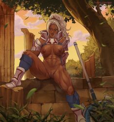 Rule 34 | 1girl, abs, armor, armored boots, boots, breasts, column, commission, commissioner upload, dark-skinned female, dark skin, fire emblem, fire emblem engage, gauntlets, grass, greaves, highres, leg up, lewdpala, looking at viewer, muscular, muscular female, naked armor, nintendo, nipples, no panties, pillar, ponytail, pussy, saphir (fire emblem), sitting, solo, steam, sunset, sweat, thick thighs, thighs, tree, white hair
