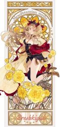 Rule 34 | 1girl, ankle boots, art nouveau, bad id, bad twitter id, black leotard, blonde hair, blush, boots, bow, breasts, cape, character name, cowboy shot, crown, detached sleeves, english text, ereshkigal (fate), fate/grand order, fate (series), floating hair, hair bow, hand up, high heel boots, high heels, highres, leotard, long hair, long sleeves, looking at viewer, medium breasts, orange eyes, parted lips, pink eyes, red bow, red cape, satsuki (miicat), simple background, single thighhigh, smile, solo, spine, standing, strapless, strapless leotard, thighhighs, twintails, two-sided cape, two-sided fabric, white background