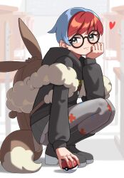 Rule 34 | 1girl, absurdres, backpack, bag, black-framed eyewear, black footwear, black hoodie, blue hair, blush, boots, brown bag, closed mouth, commentary request, creatures (company), from side, full body, game freak, glasses, grey eyes, grey pantyhose, head rest, heart, highres, holding, holding poke ball, hood, hood down, hoodie, long sleeves, multicolored hair, nintendo, pantyhose, penny (pokemon), poke ball, poke ball (basic), pokemon, pokemon sv, print pantyhose, rc (rcrc151), red hair, round eyewear, short hair, solo, squatting, two-tone hair