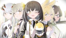 Rule 34 | 5girls, ;d, absurdres, arknights, black hair, black jacket, blonde hair, bowl, brown eyes, brown hair, dorothy (arknights), earrings, glint, gloves, grey hair, grey shirt, hands up, highres, holding, holding bowl, horns, jacket, jewelry, long sleeves, looking at viewer, magallan (arknights), muelsyse (arknights), multicolored hair, multiple girls, one eye closed, open clothes, open jacket, open mouth, puffy long sleeves, puffy sleeves, saria (arknights), shirt, silence (arknights), smile, spam (spamham4506), streaked hair, upper body, white gloves, white hair, white jacket, yellow eyes